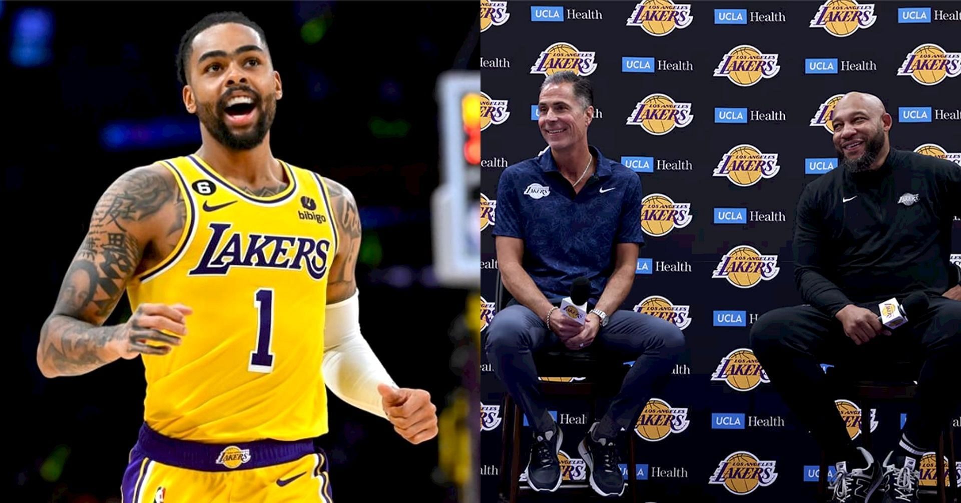 LA Lakers point guard D&rsquo;Angelo Russell, Lakers GM Rob Pelinka and Lakers coach Darvin Ham