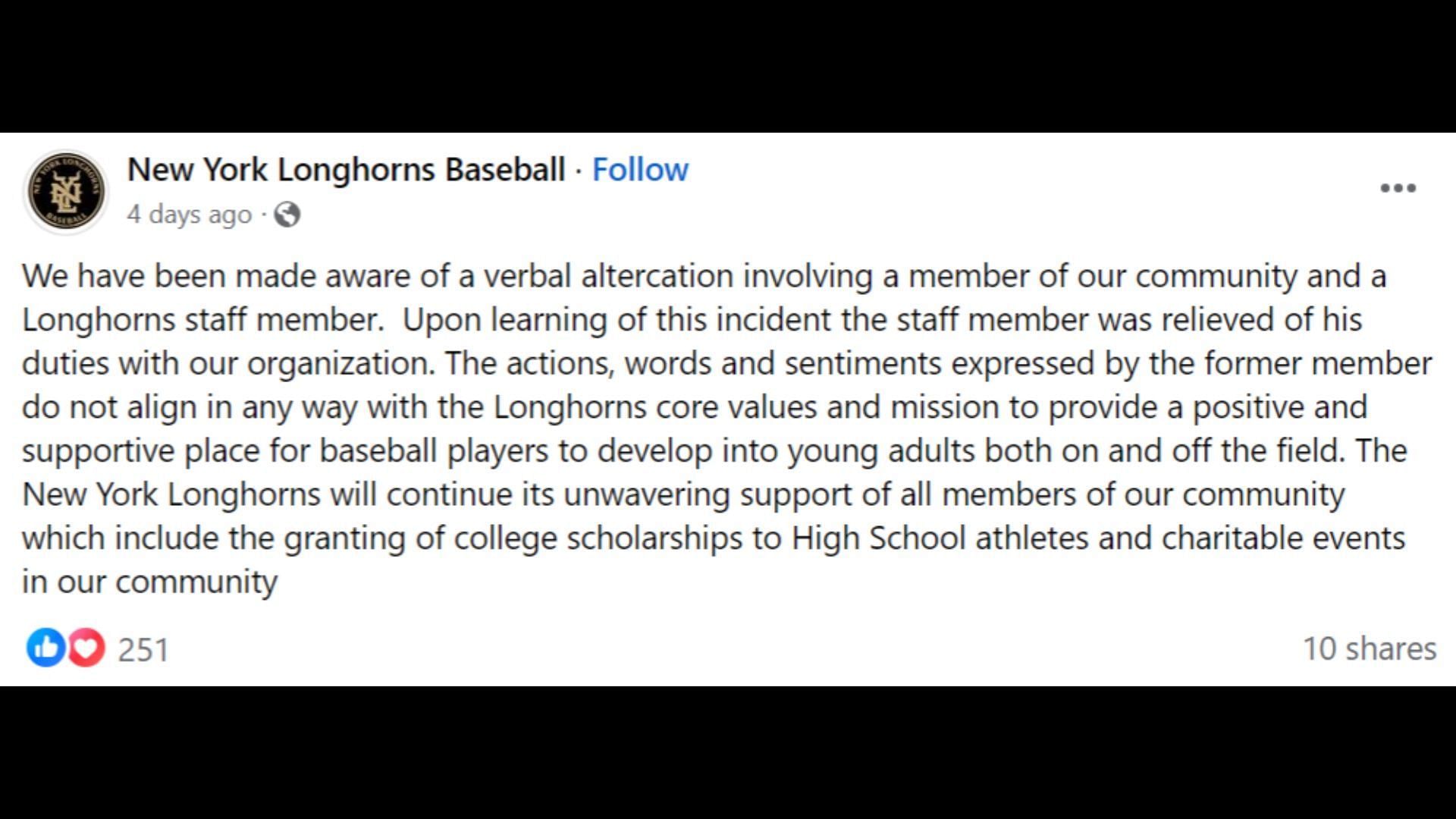 Juan Ynoa was &quot;relieved of his duties&quot; as a baseball coach. (Image via Facebook/New York Longhorns Baseball)