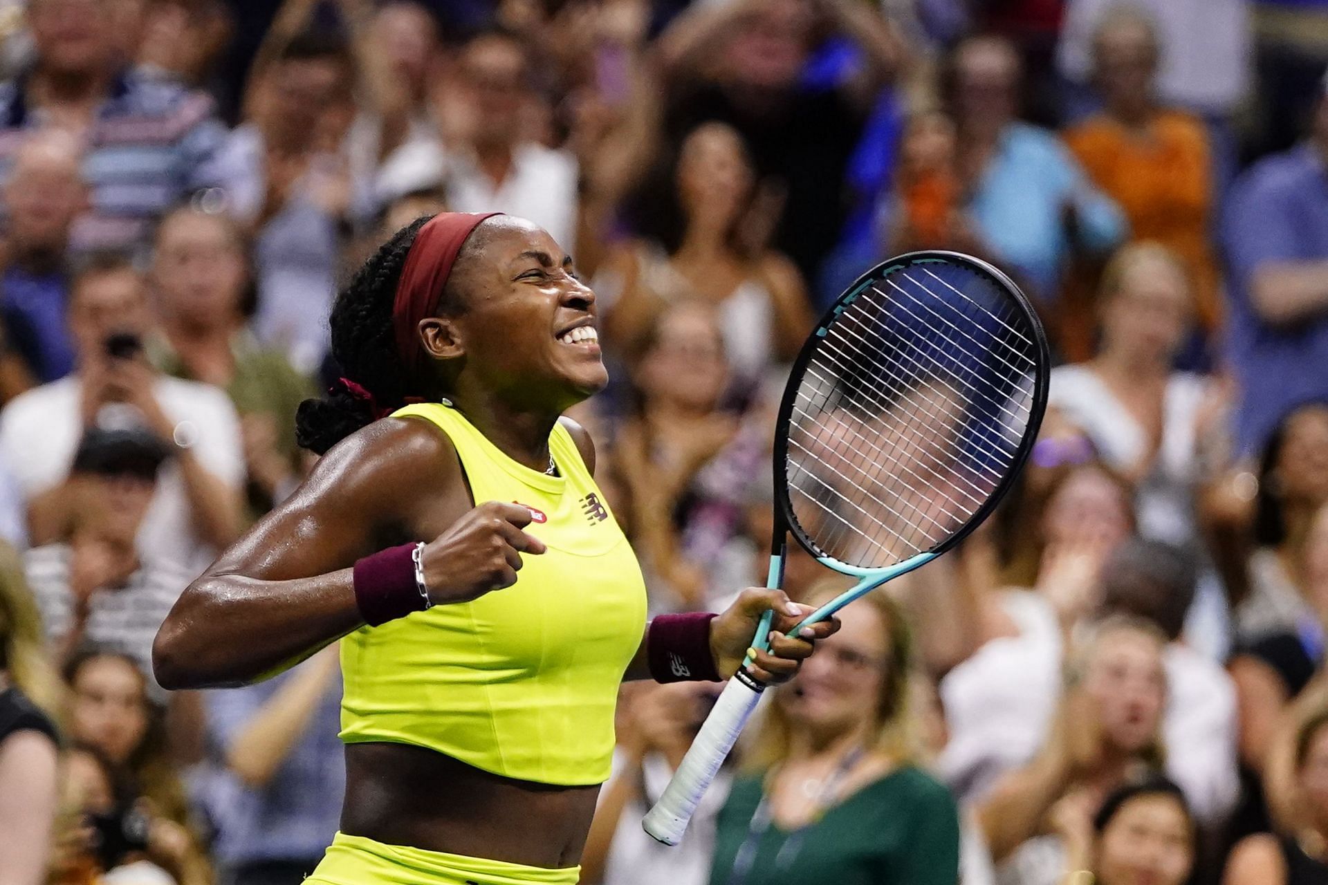 Coco Gauff celebrates her semifinal win at the 2023 US Open