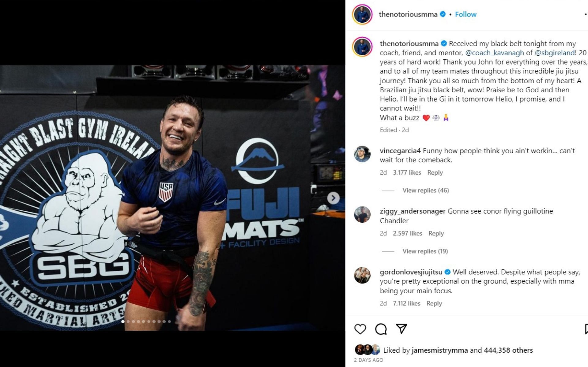 Screenshot of Gordon Ryan&#039;s comment on McGregor&#039;s Instagram post
