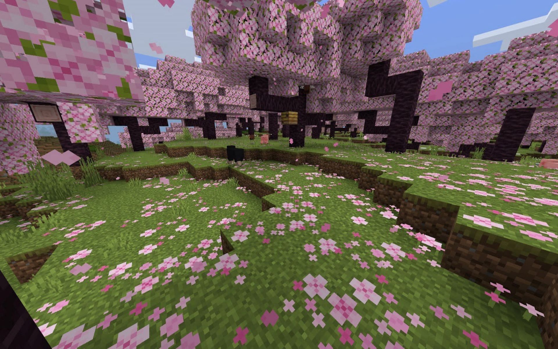 The serene Cherry Grove Biome is filled with vibrant pastel colors (Image via Mojang)