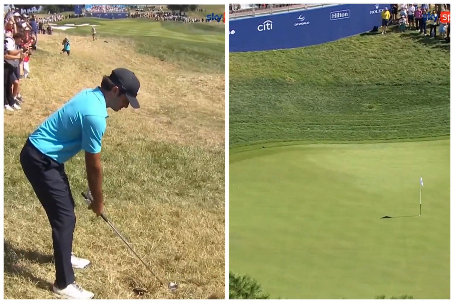Carlos Sainz plays an incredible approach shot from the rough at the Ryder Cup All-Star match