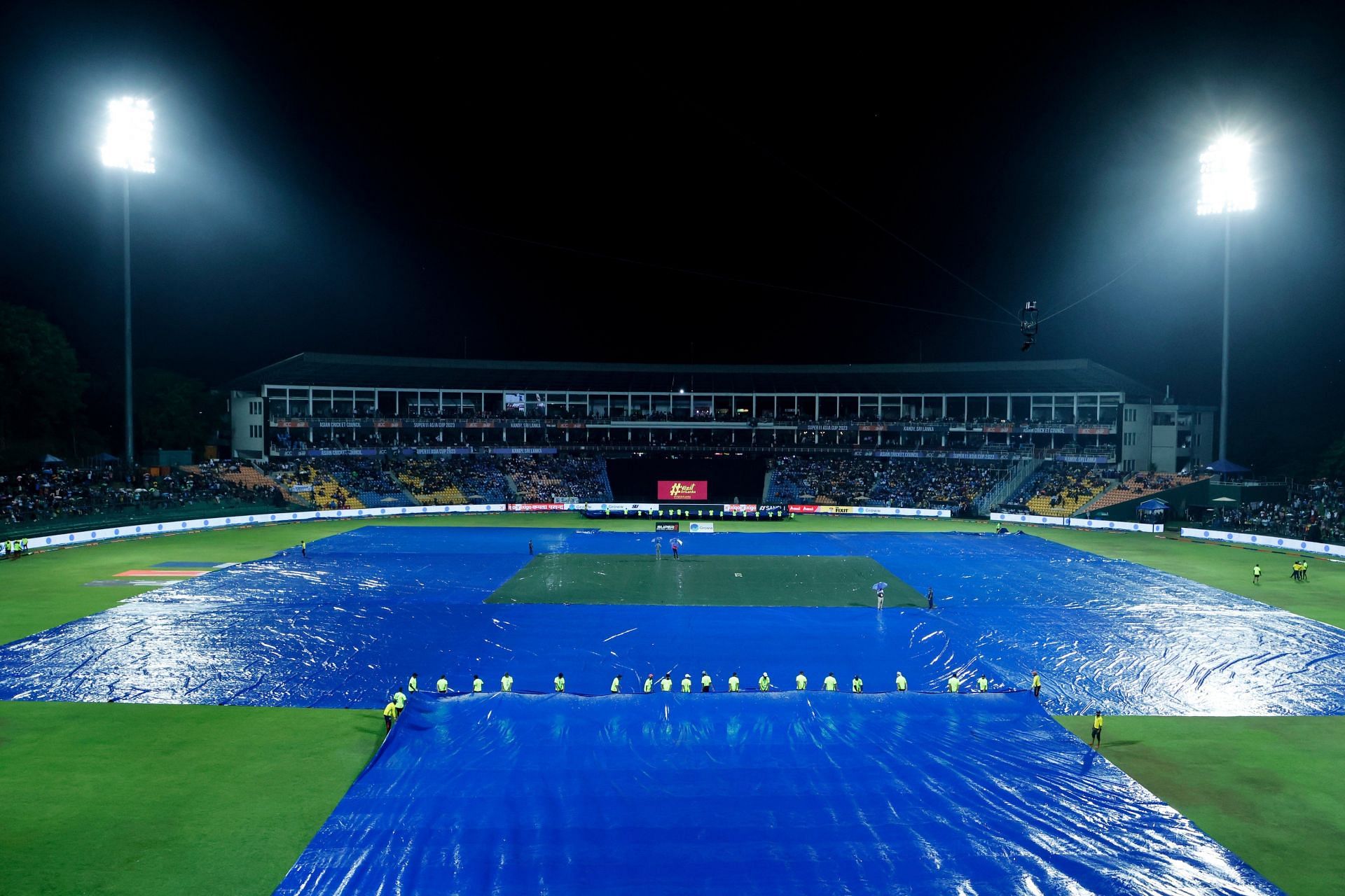 The ground at the Pallekele Stadium in covers (Credits: Twitter)