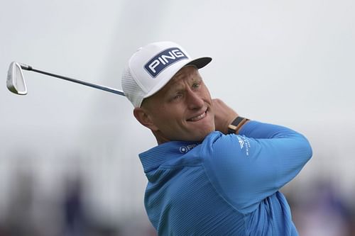 Adrian Meronk plays a shot from the 4th tee on the first day of the British Open Golf Championships