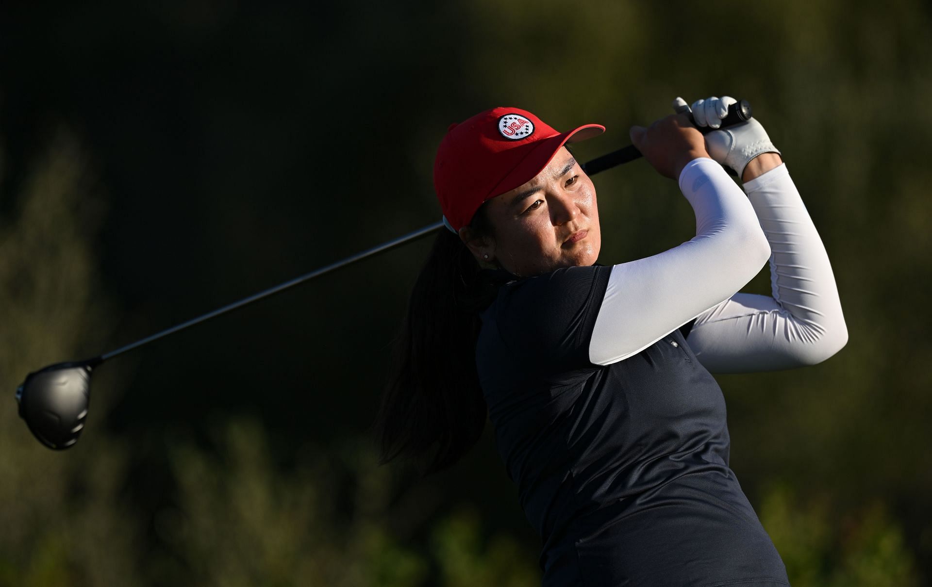 Allisen Corpuz of team USA plays a shot during practice prior to the The Solheim Cup (Image via Getty)