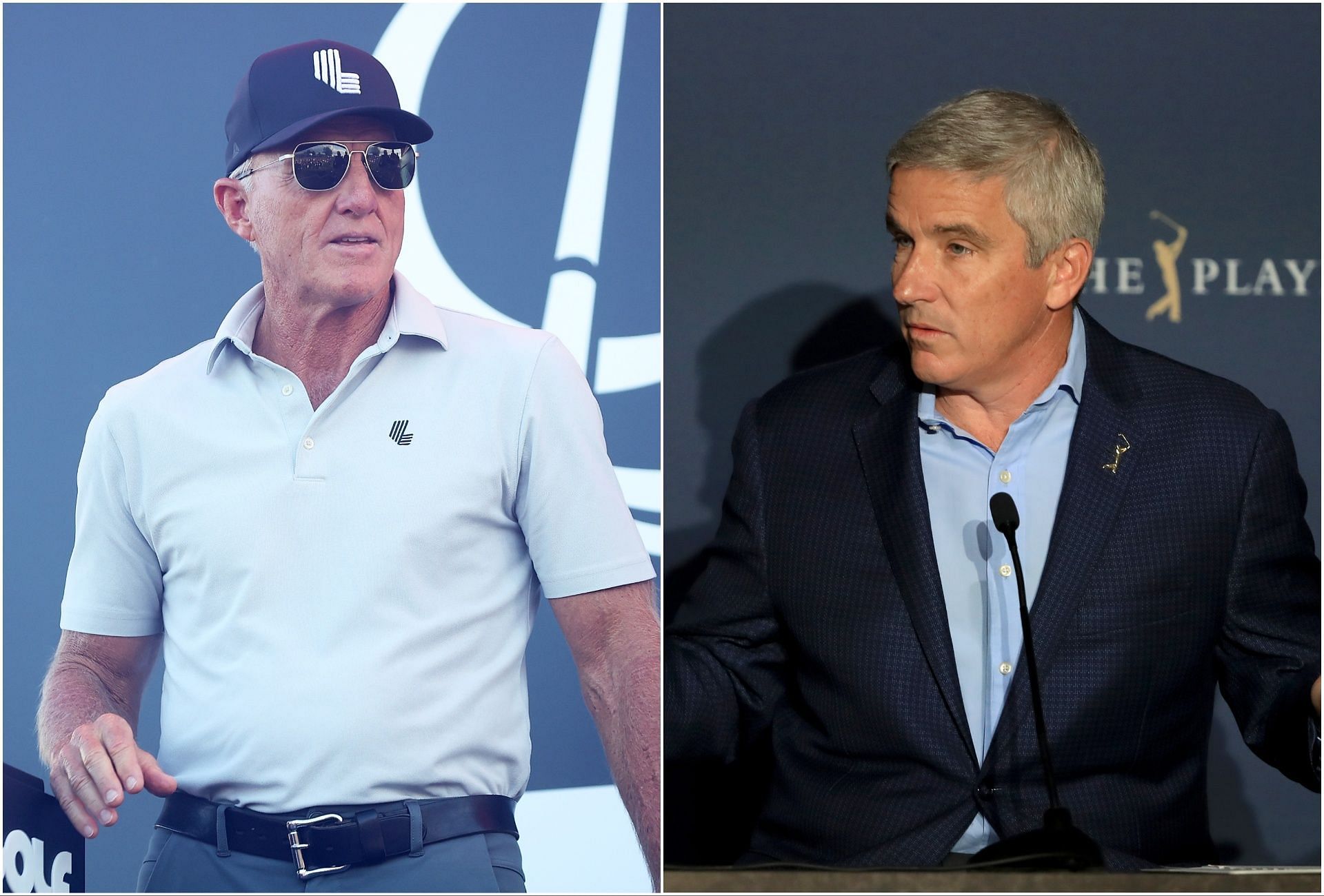 LIV Golf CEO Greg Norman and PGA Tour Commissioner Jay Monahan (via Getty Images)