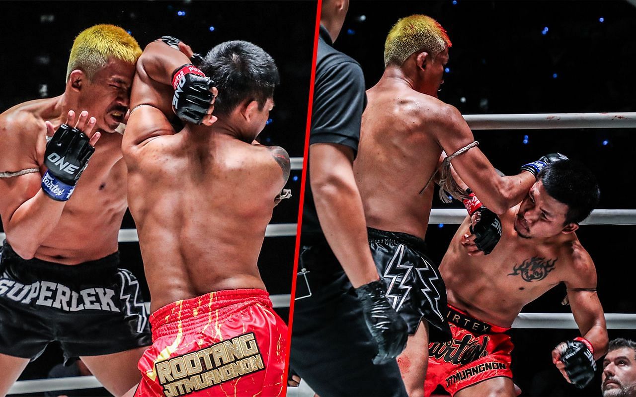Rodtang and Superlek go at it inside the Circle during their fight (right) and (left) photos