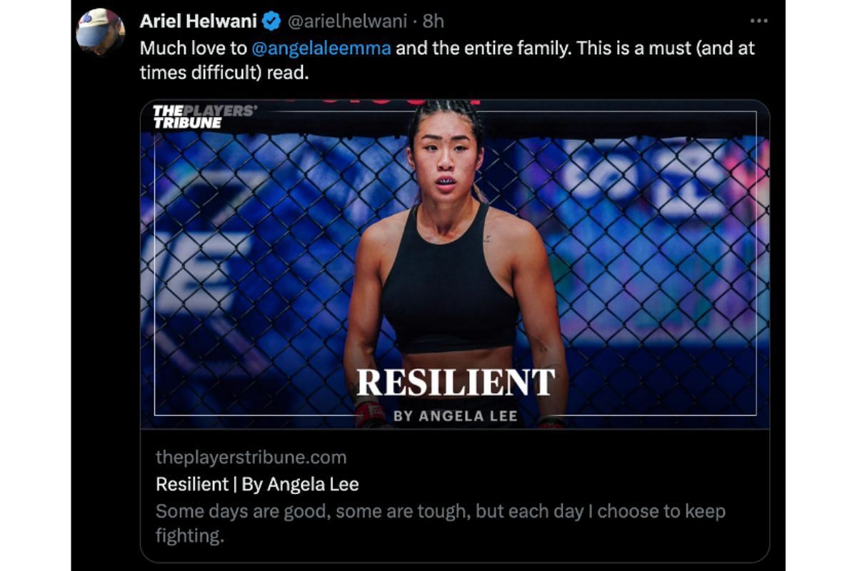 Screenshot of Ariel Helwani&#039;s tweet about Angela Lee