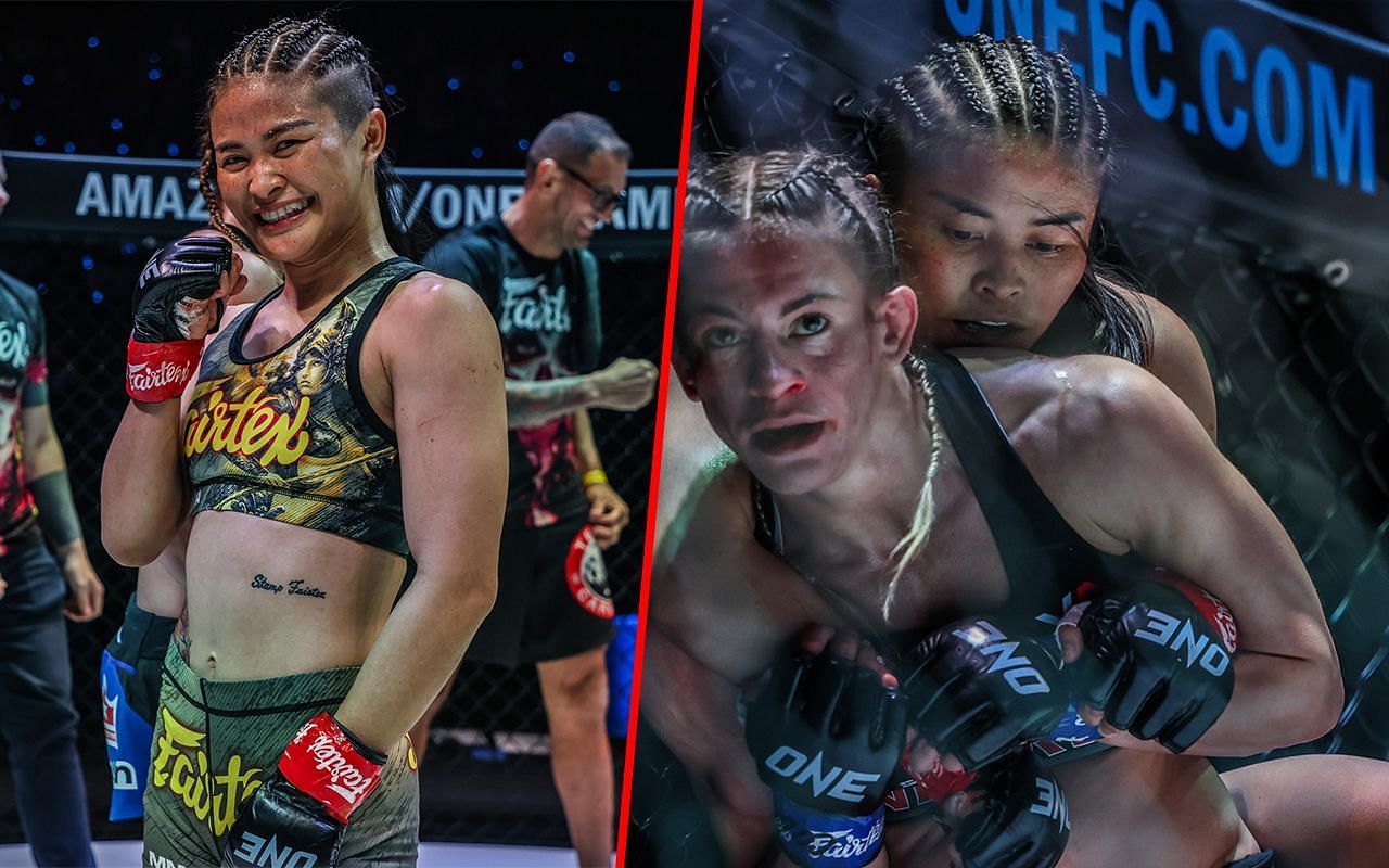 Stamp Fairtex (left) and Stamp during a fight (right) | Image credit: ONE Championship