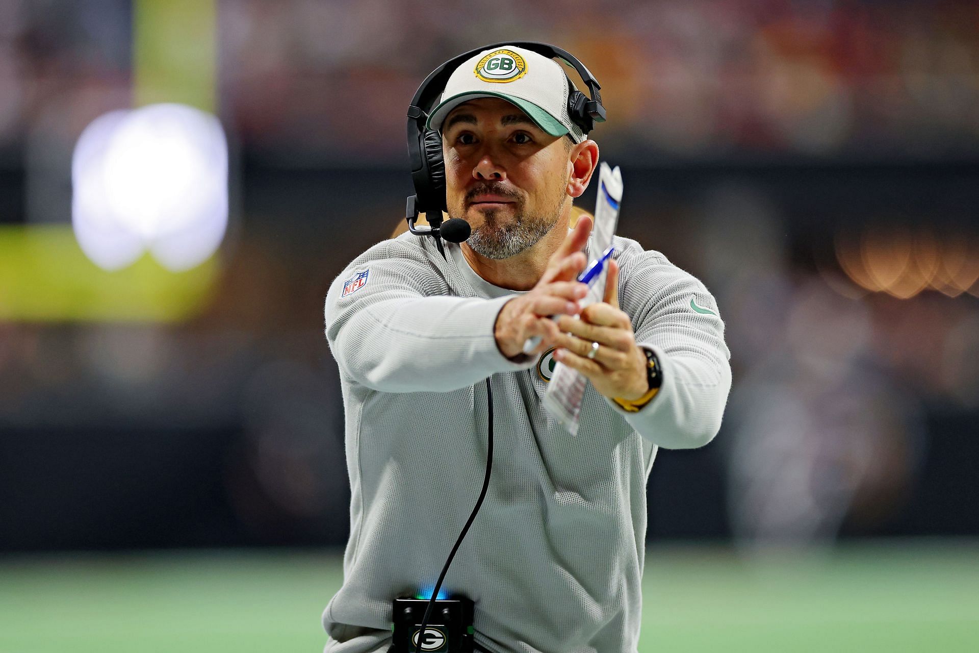 Green Bay Packers head coach Matt LaFleur on the sideline in the first half  against the Detroit Lions during an NFL football game, Sunday, Nov. 6,  2022, in Detroit. (AP Photo/Rick Osentoski