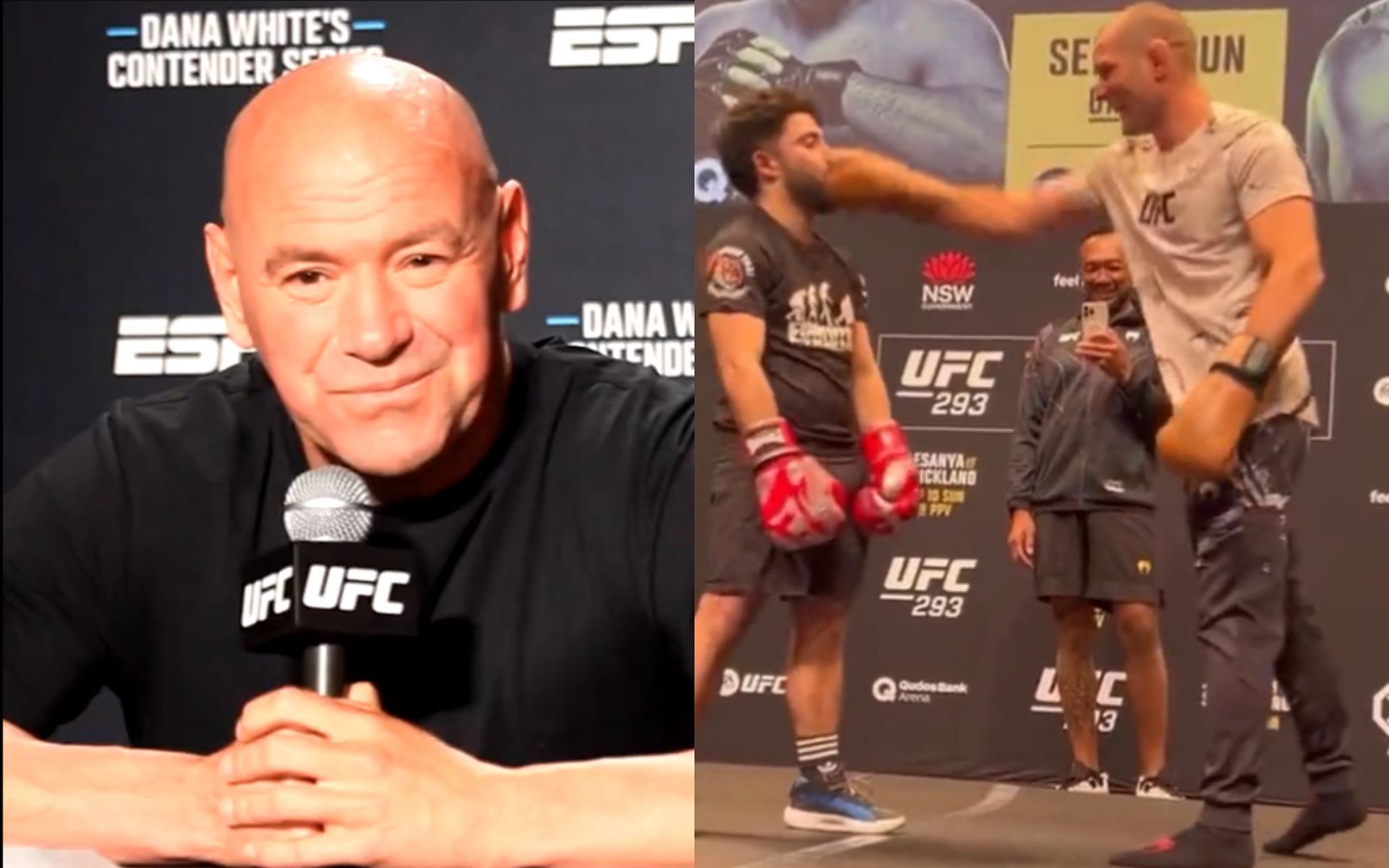 Dana White (left) and Sean Strickland sparring with a fan (right) (Image credits @PhotoAmy33 on Twitter)