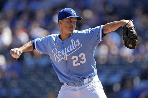 Kansas City Royals starting pitcher Zack Greinke throws against the Cleveland Guardians