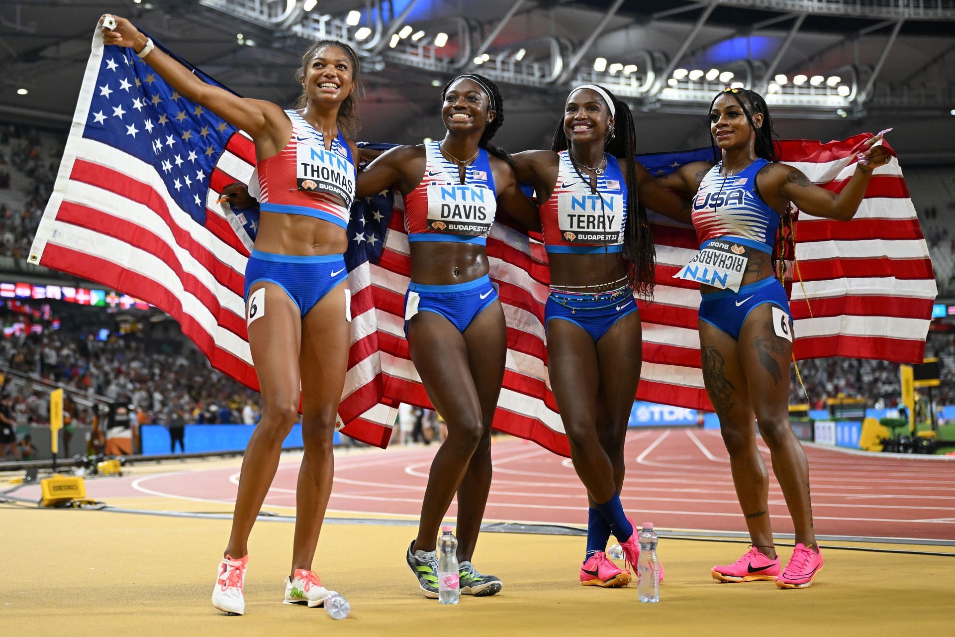 Gold medalists Gabrielle Thomas, Tamari Davis, Twanisha Terry, and Sha&#039;Carri Richardson of Team United States