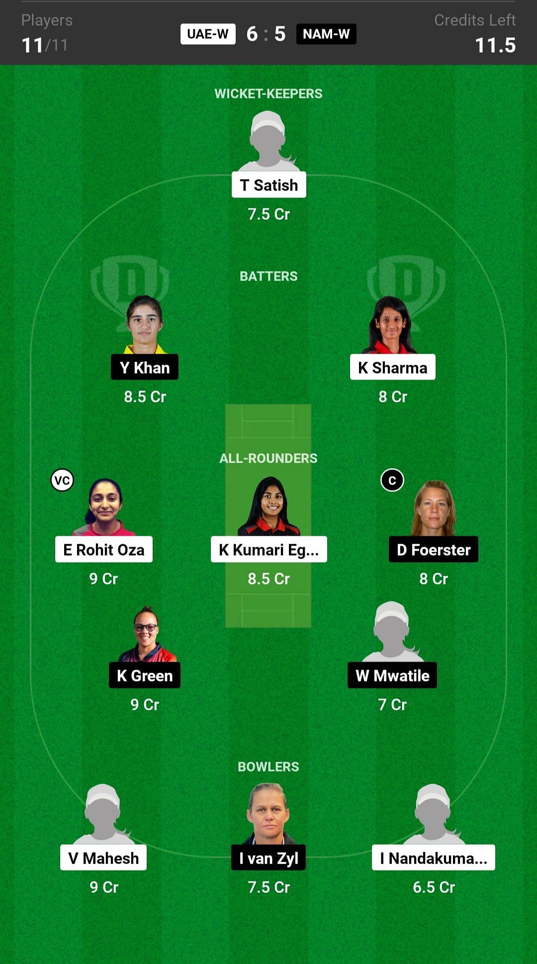 Namibia vs United Arab Emirates Dream11 Fantasy suggestion #1 - Head to head League