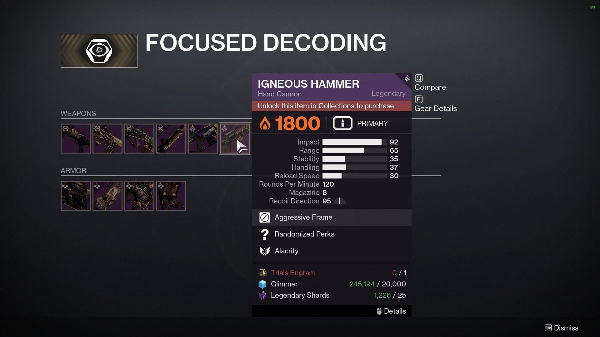 Igneous Hammer focusing cost (Image via Bungie)