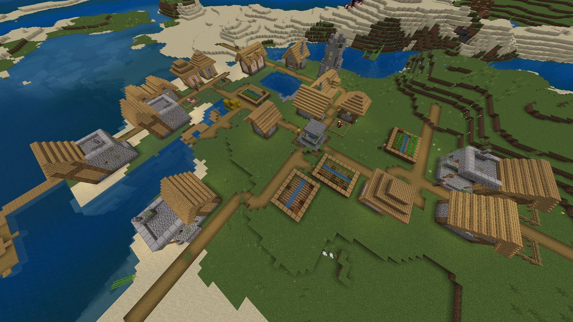 Fans can collect plenty of early-game surprises for free at this seed&#039;s spawn village (Image via FryBry/YouTube)