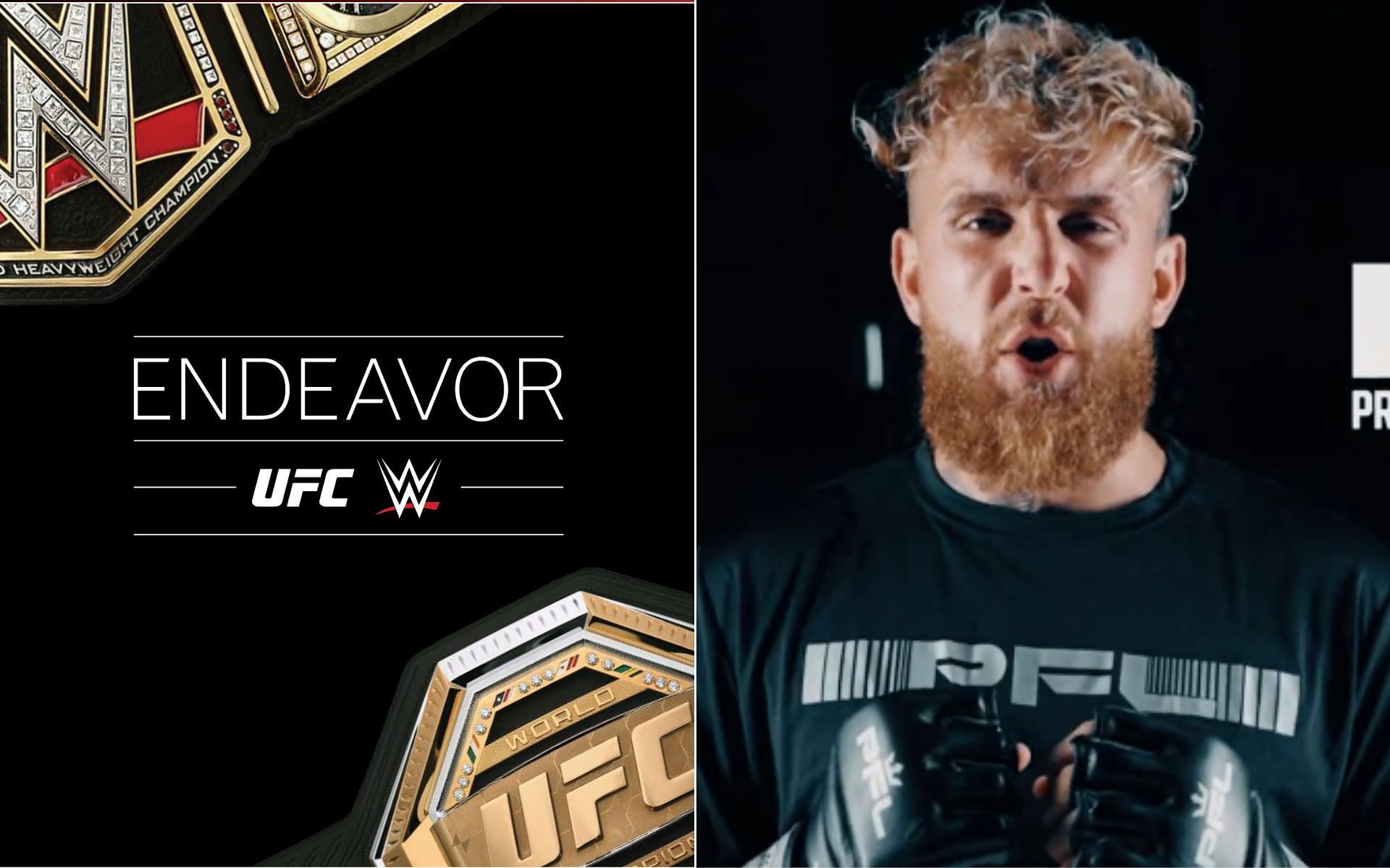 Endeavor announcing UFC-WWE merger [Left], and Jake Paul [Right] [Photo credit: @Endeavor and @PFLMMA - Twitter]