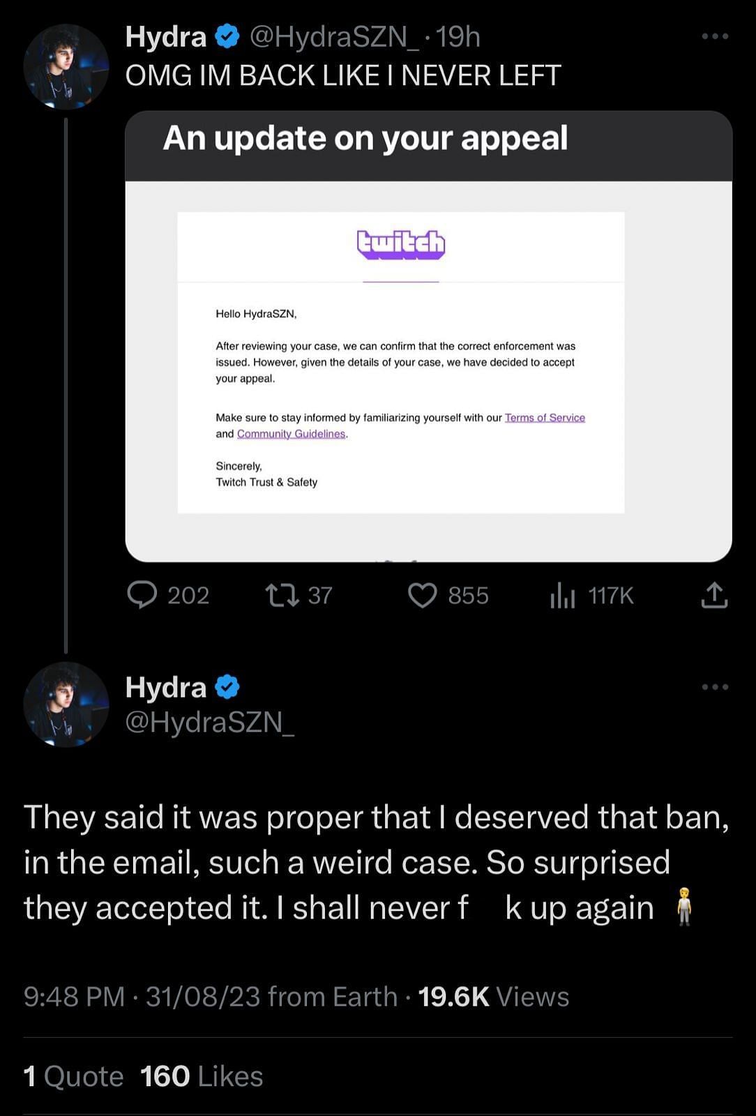 HydraSZN shares Twitch&#039;s message to him (Image via Twitter)