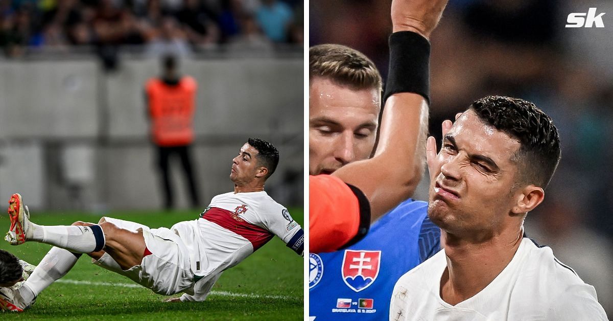 Photo of Cristiano Ronaldo sa len o vlások vyhol červenej karte za úder do hlavy bývalého spoluhráča z Manchestru United počas zápasu Portugalsko proti Slovensku.