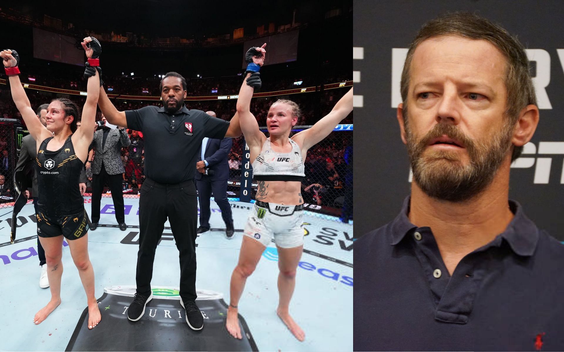 Alexa Grasso vs. Valentina Shevchenko at UFC Noche (left) and Sean Shelby (right) [Images Courtesy: @GettyImages]