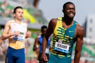 Rai Benjamin reacts after winning the men's 400m hurdles at the Prefontaine Classic: 2023 Diamond League in Eugene, Oregon