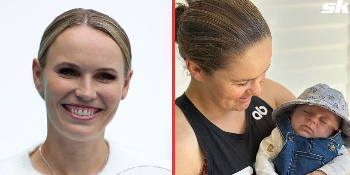 Caroline Wozniacki (L) and Ashleigh Barty with her son, Hayden (R)