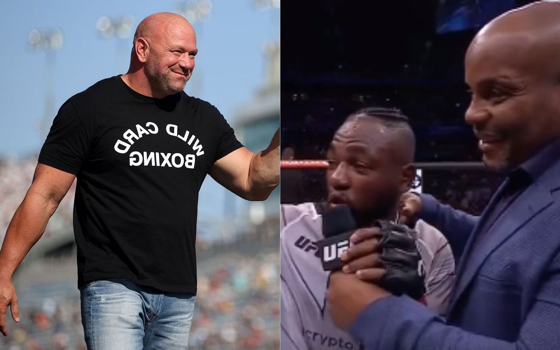 Dana White (left) and Manel  Kape &amp; Daniel Cormier (right) [Image credits: @Skip2MyJays on Twitter]