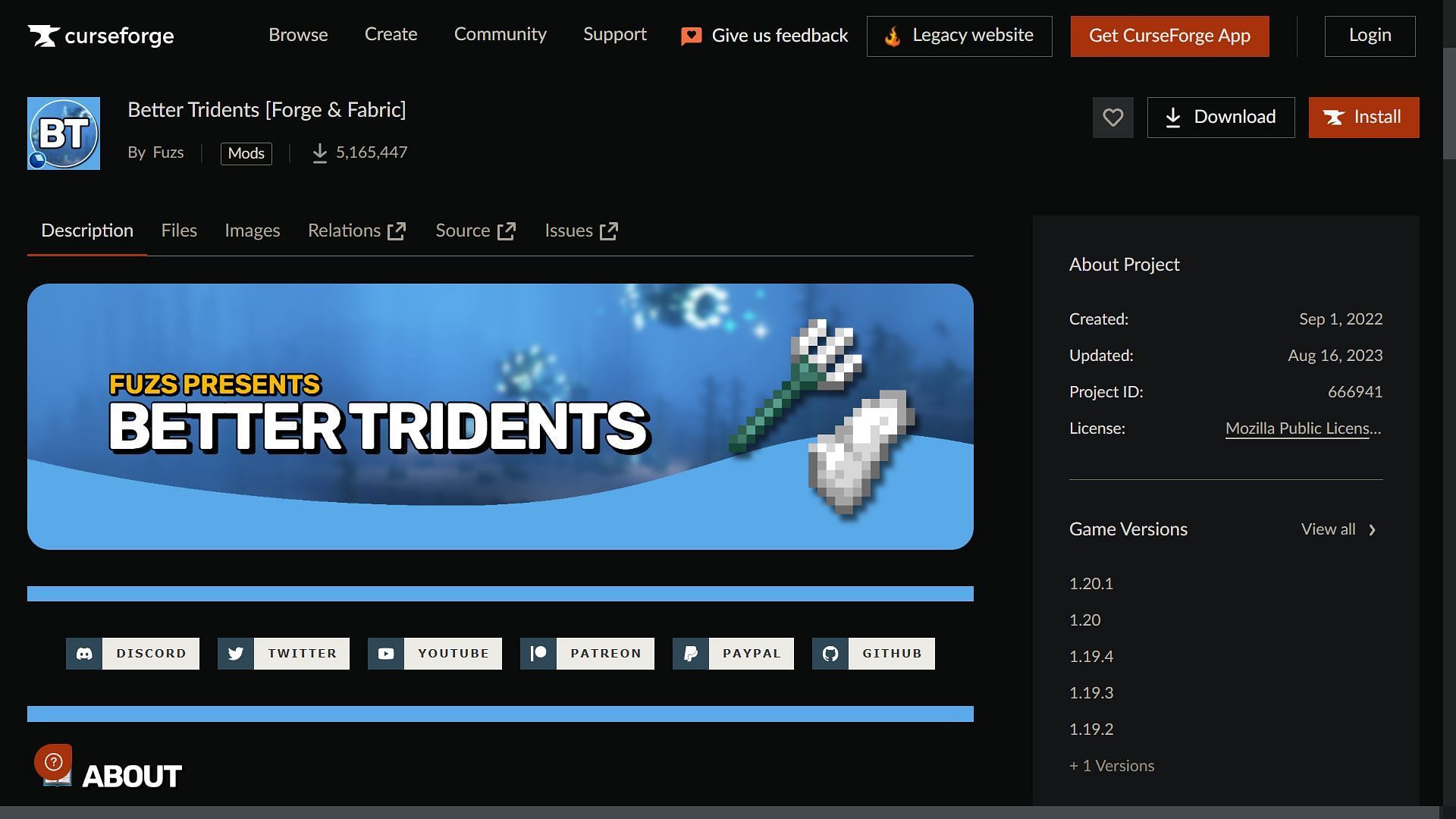 Better Tridents Minecraft mod is available on the CurseForge website for both Forge and Fabric APIs (Image via Sportskeeda)