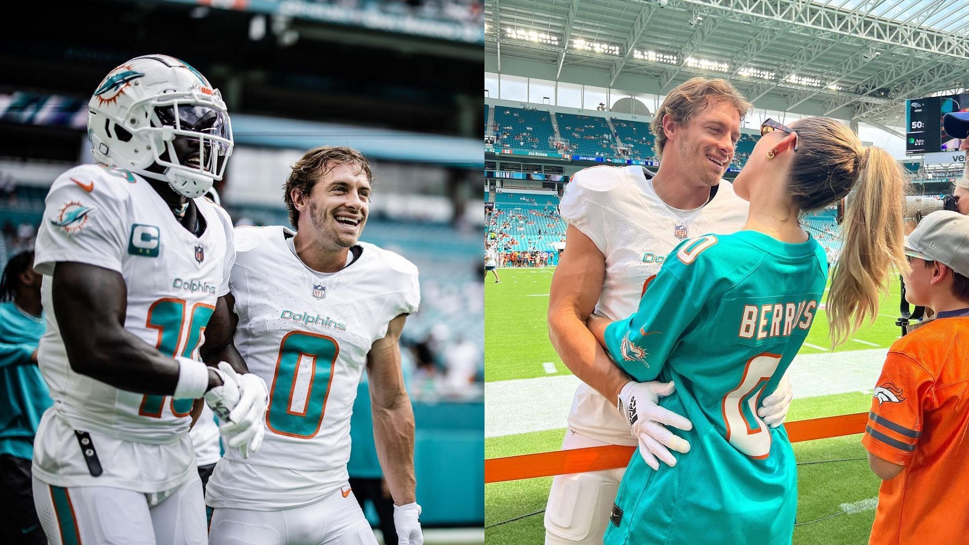 Braxton Berrios celebrates the Dolphins win against the Broncos.