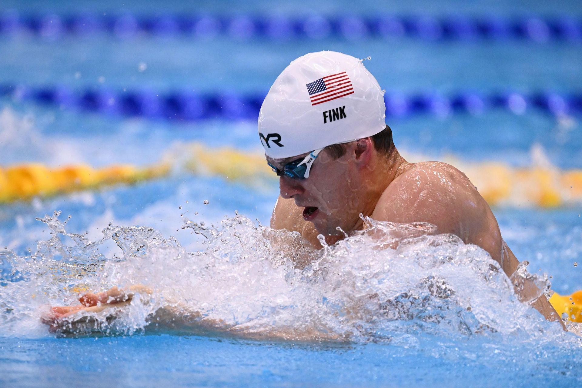 Nic Fink competes in the men&#039;s 50m breaststroke heats at the 2023 World Aquatics Championships in Fukuoka, Japan