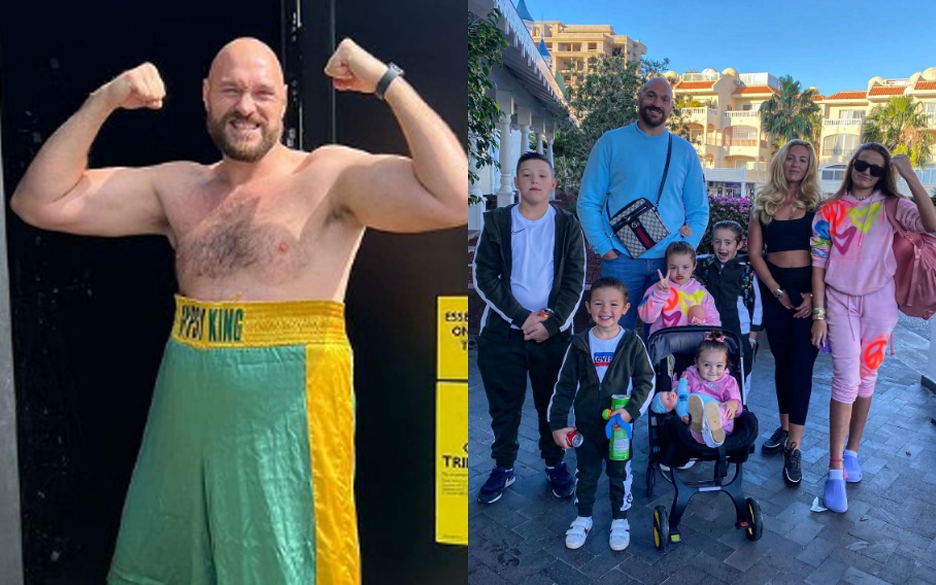 Tyson Fury (Left) and Fury with the entire family (Right) (Images via @tysonfury and @parisfury1 Instagram)