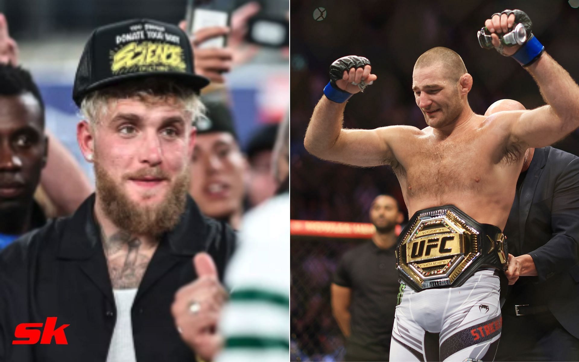 Jake Paul at the NFL game (left - via @DailyStar_Sport), Sean Strickland with new UFC belt (right - via Getty)