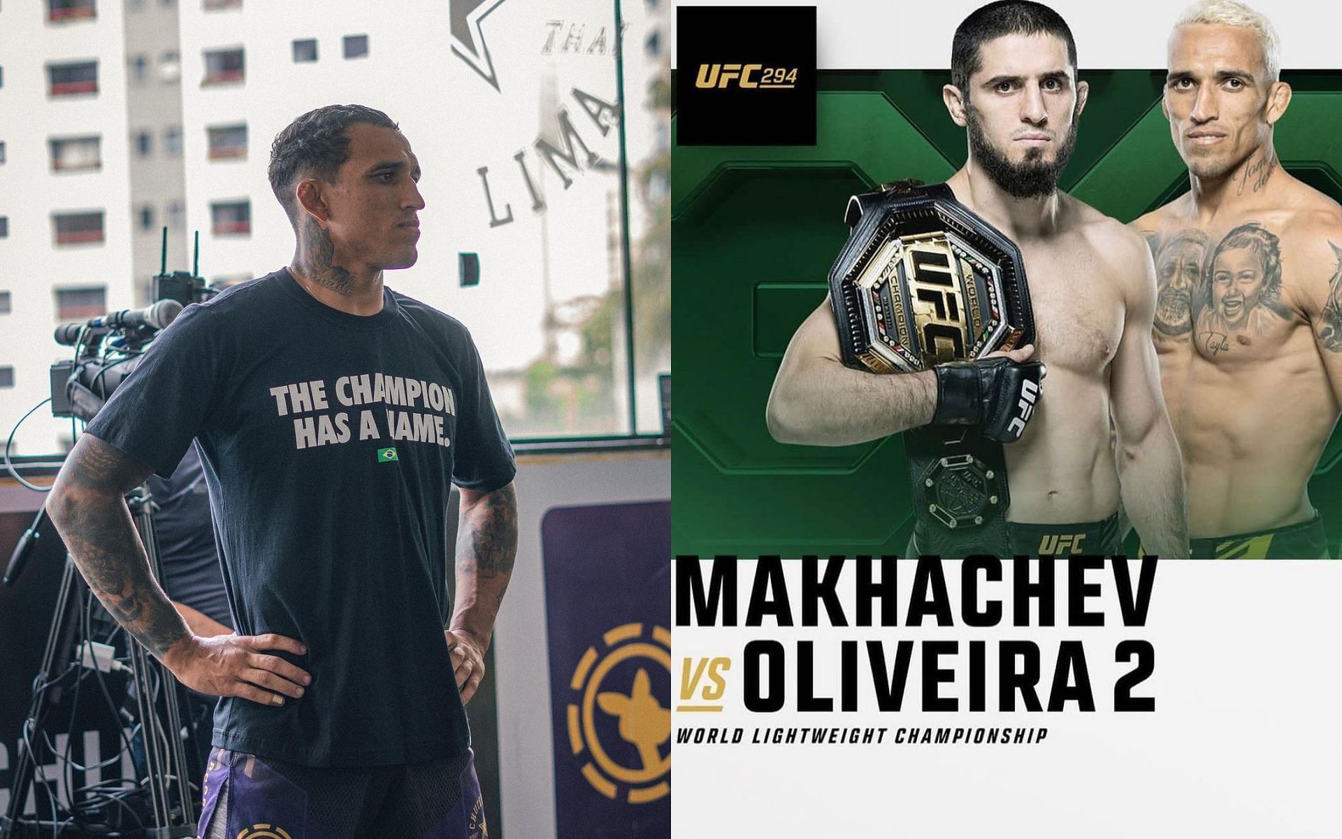 Charles Oliveira (left) and Fight poster for Makhachev vs Oliveira 2 (right) (Image credits @charlesdobronxs on Instagram)