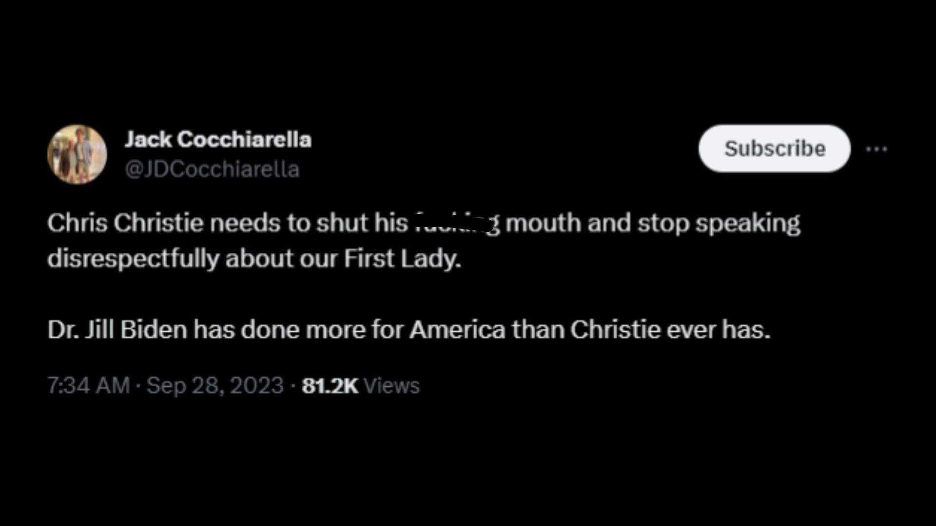 Screenshot of an X user remarking on Christie&#039;s comments on Jill Biden.