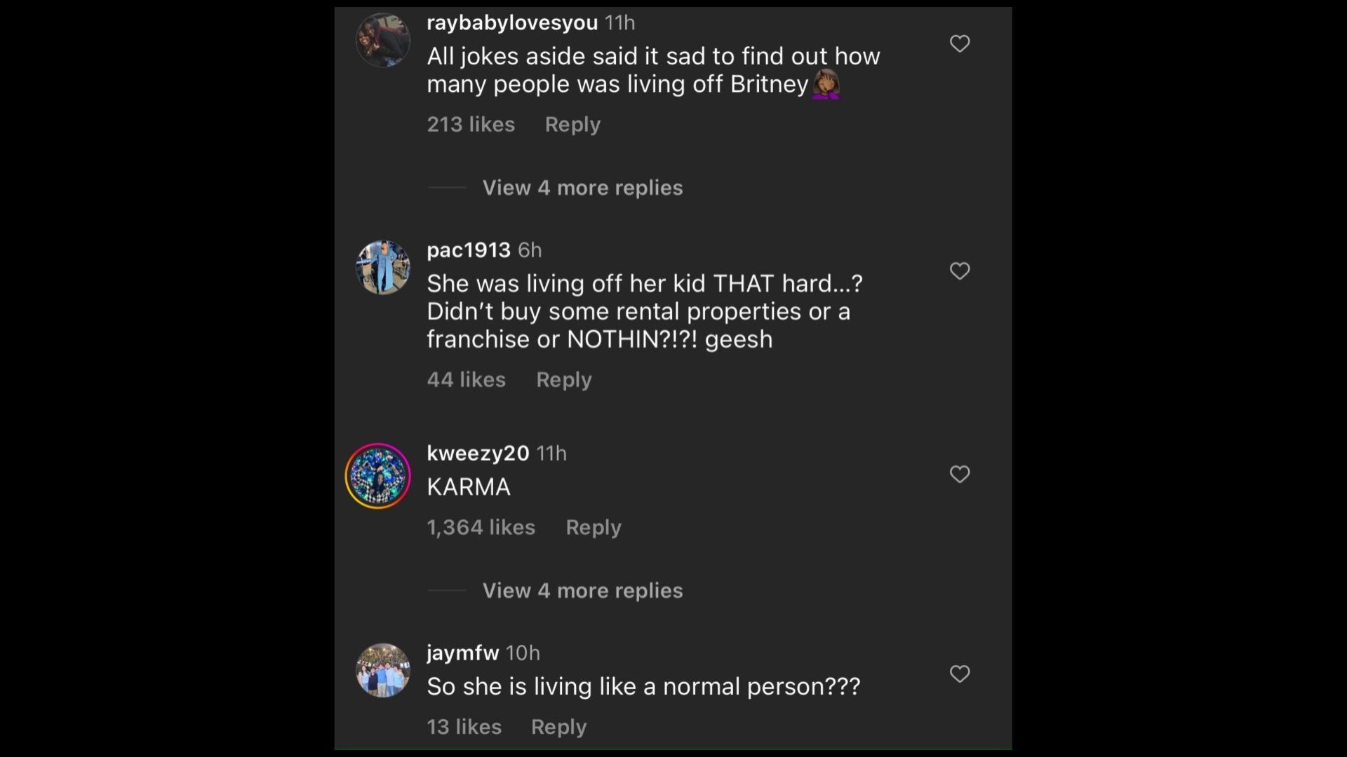 Screenshot of Internet users remarking on Lynne&#039;s financial condition after falling out with Britney. (Photo via @hollywoodunlocked/Instagram)