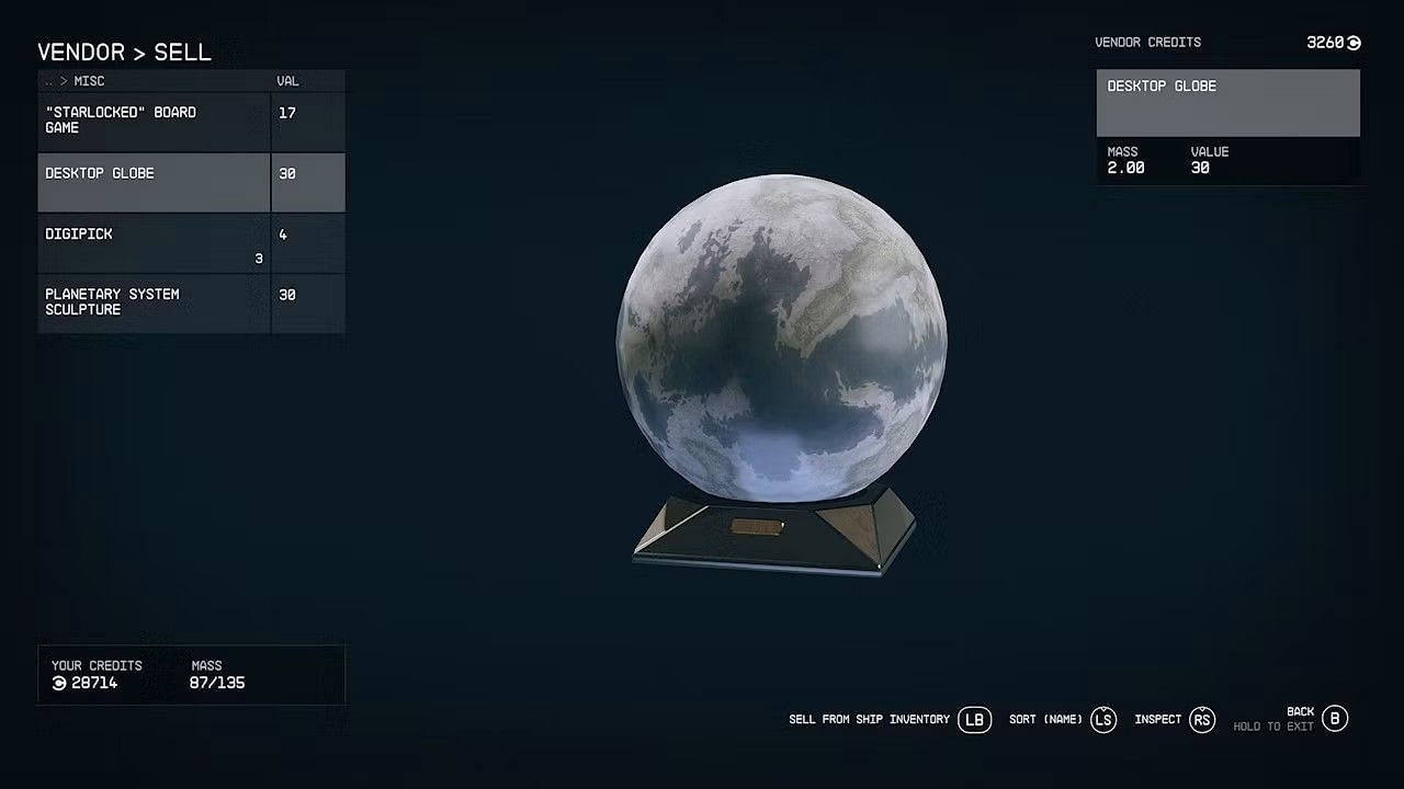 Selling Desktop Globe for 30 credits (Image via Bethesda)