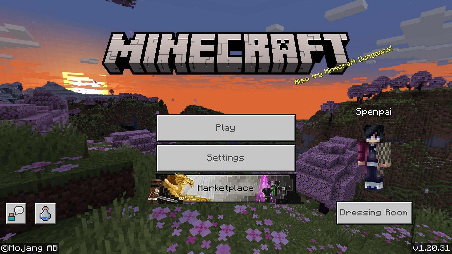 The main menu screen for Minecraft 1.20.31 for Bedrock Edition.
