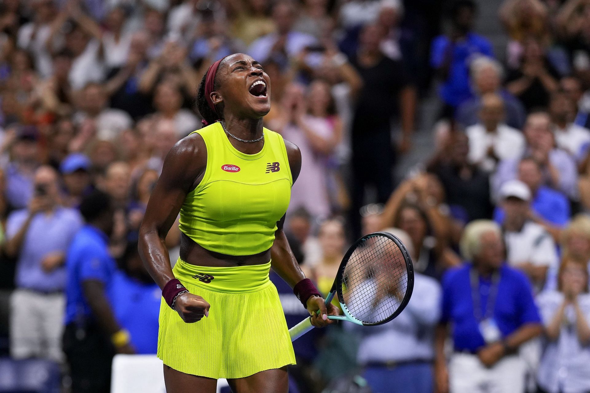 Coco Gauff celebrates after reaching the 2023 US Open final.