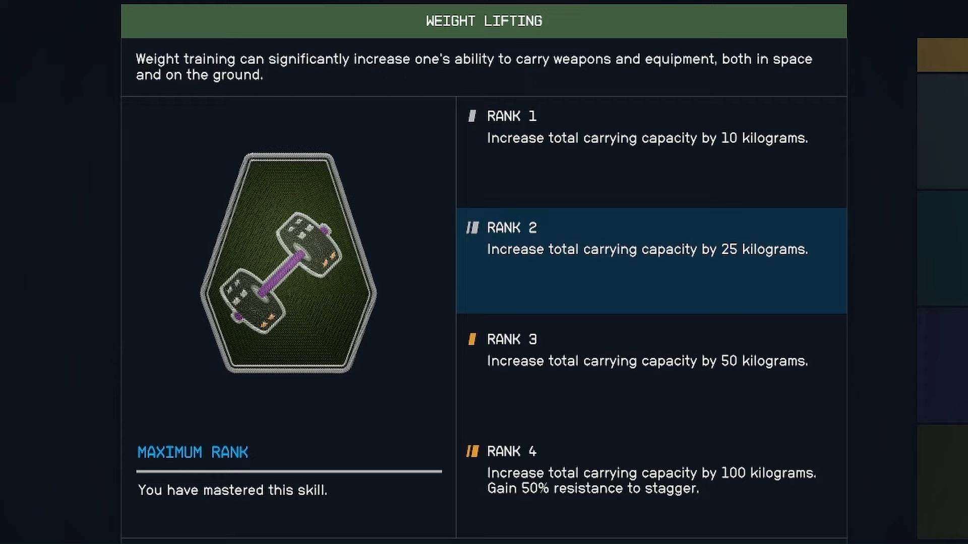 Weight Lifting skill at Rank 2 (Image via Bethesda)