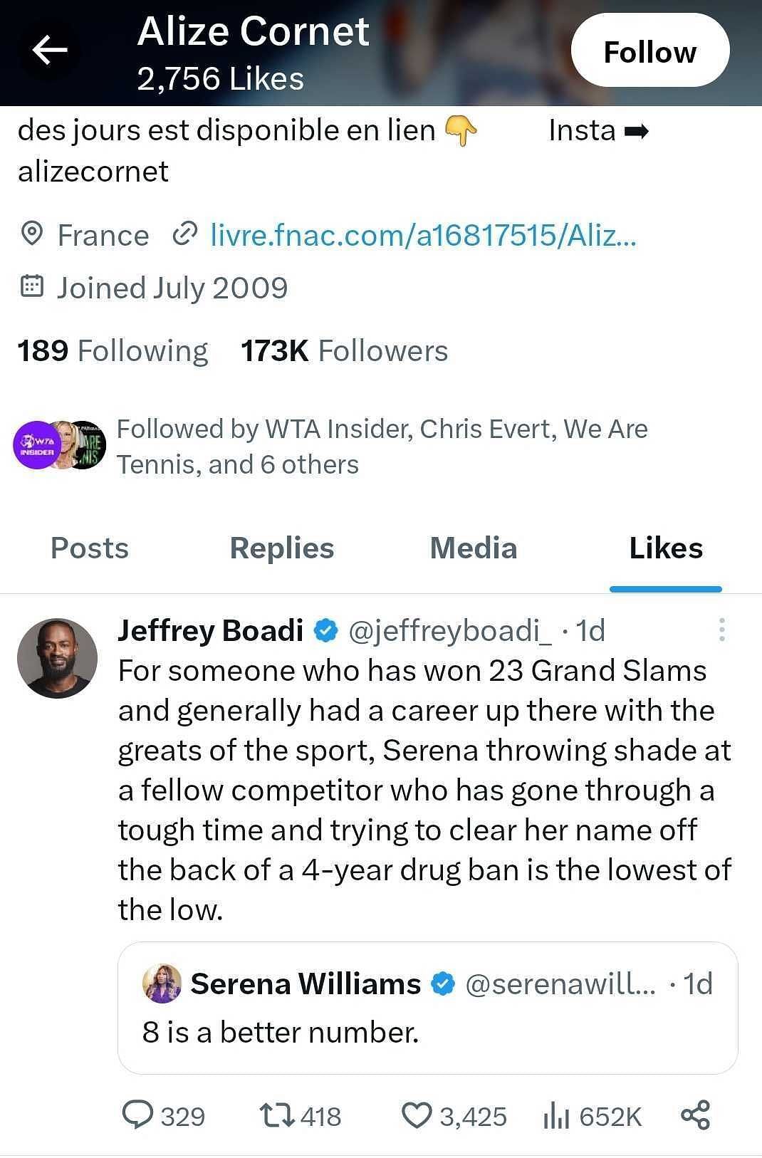 Alize Cornet likes a user&#039;s comment criticizing Williams&#039; lack of support for Simona Halep