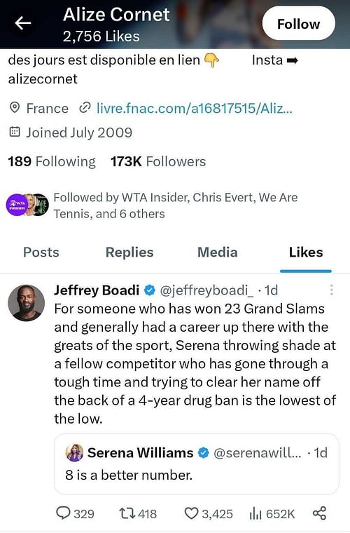 Alize Cornet likes a user's comment criticizing Williams' lack of support for Simona Halep