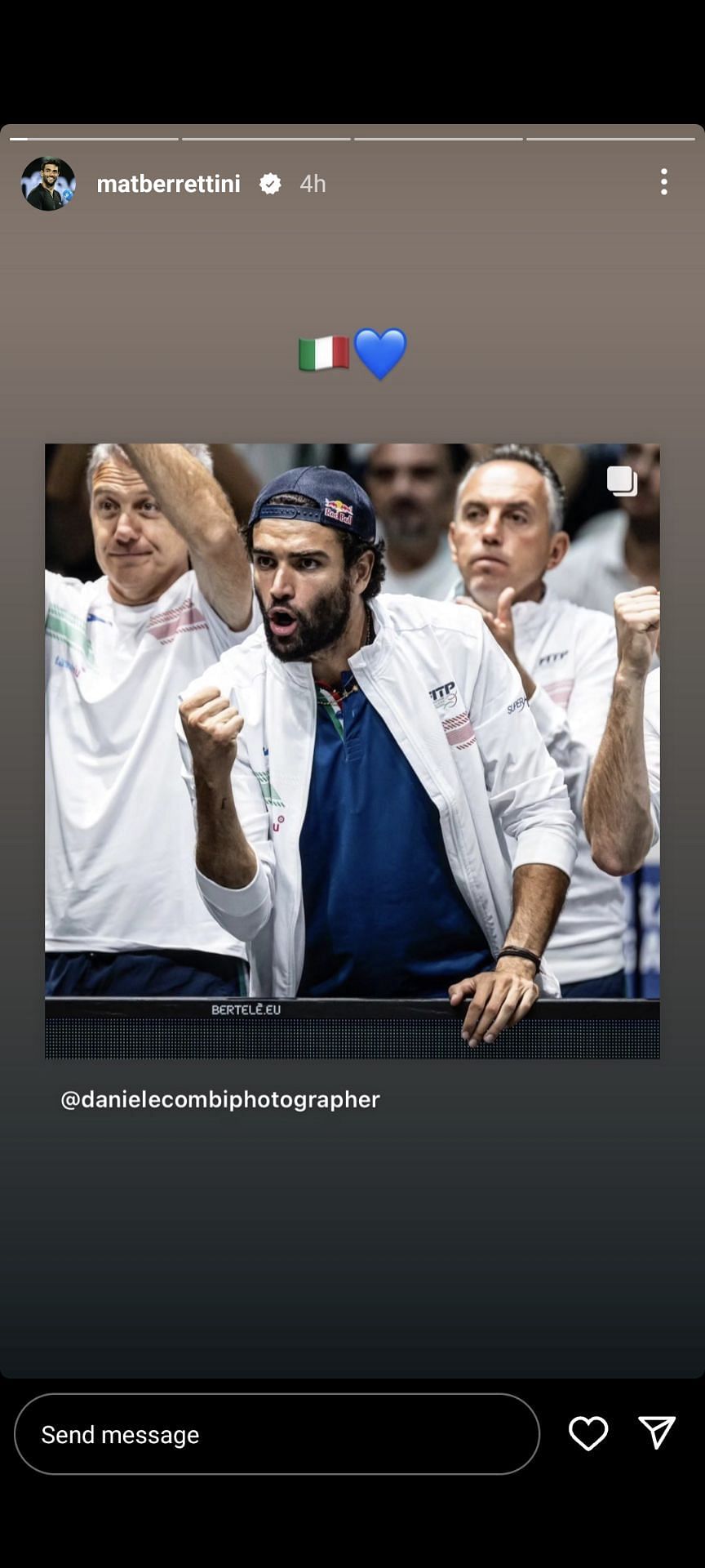 Matteo Berrettini reacts after seeing his country win at the Davis Cup Finals