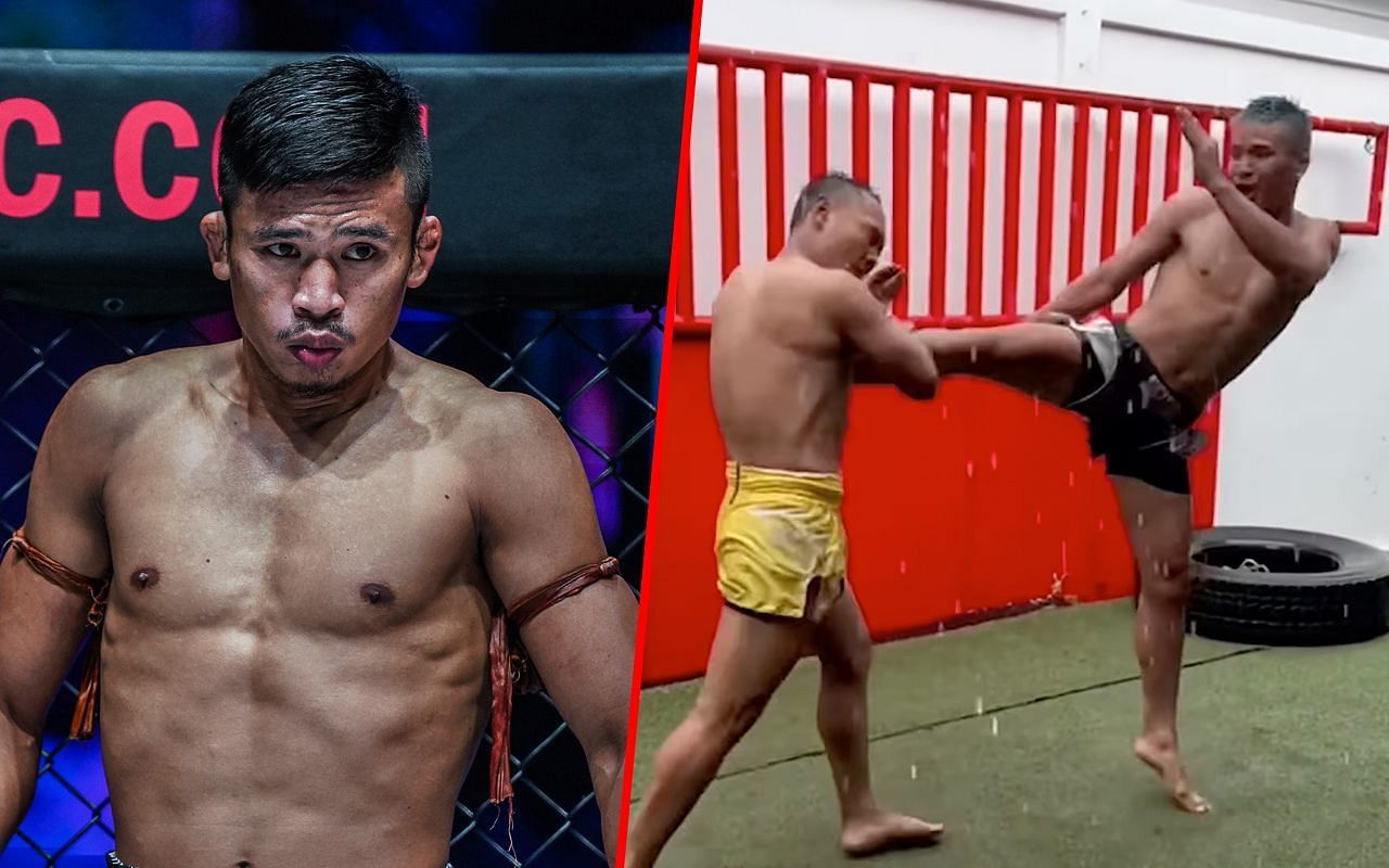 Superlek (left) and Superlek during a sparring session in the rain (right)