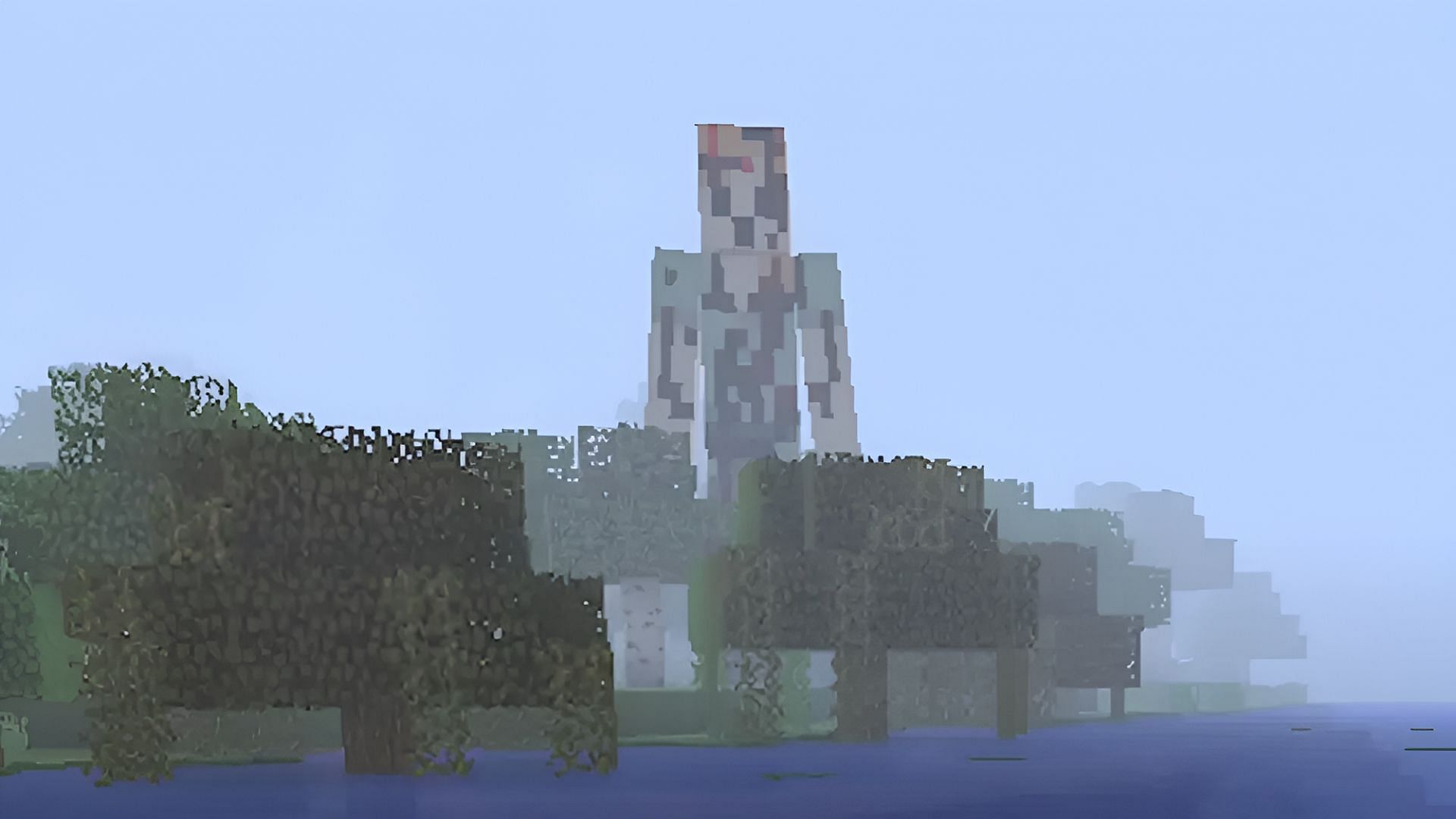 Giant Alex looms over a swamp biome in Minecraft.