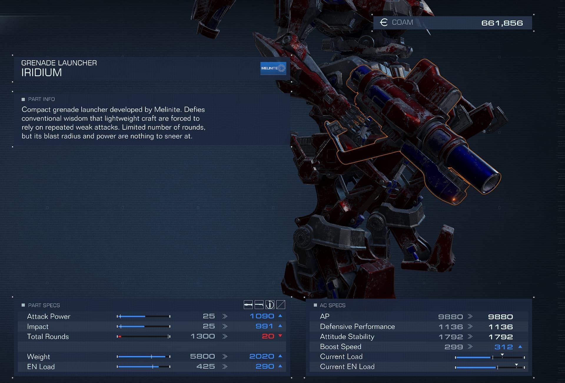 The IRIDIUM is a lightweight option for Grenade Launcher&#039;s in Armored Core 6 (Image via FromSoftware)