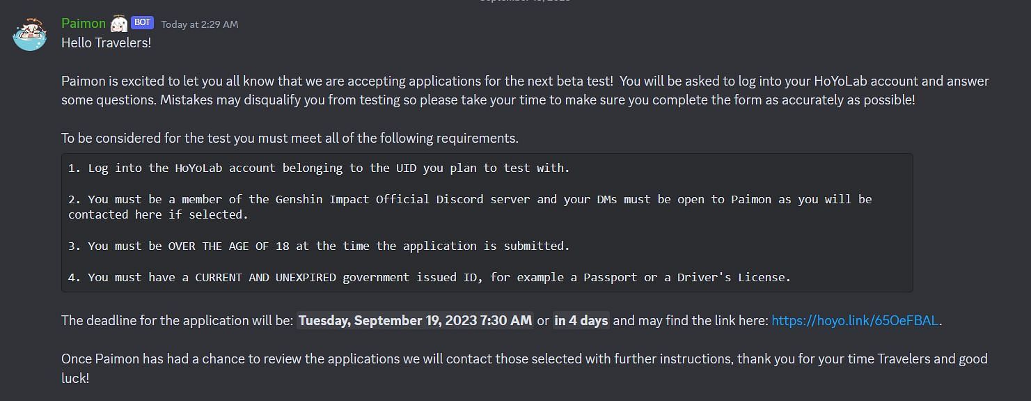 The official Discord announcement for the 4.2 Beta test (Image via Discord/Genshin Impact)