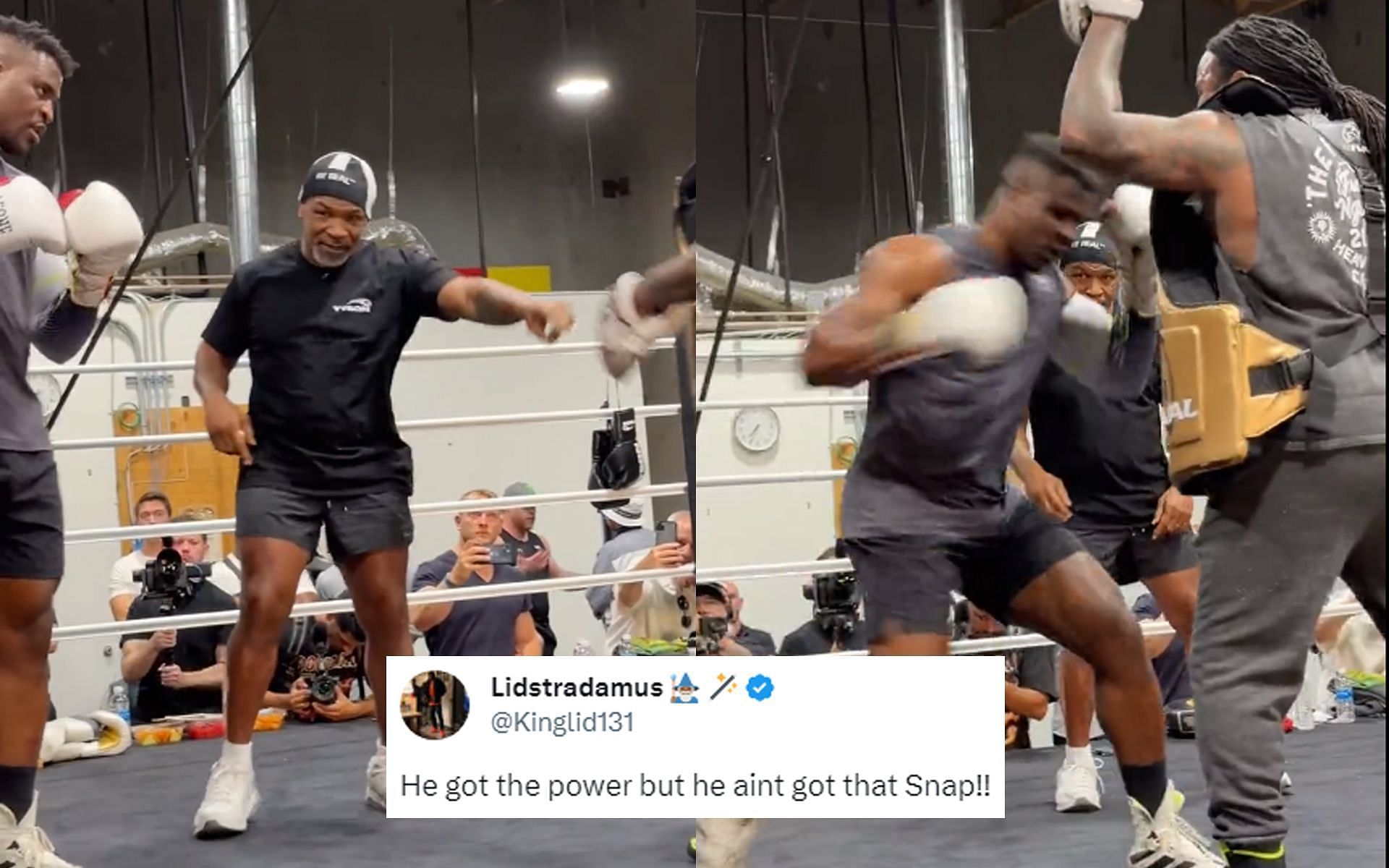 Mike Tyson training Francis Ngannou to throw body shots (Images via @TopRankBoxing 