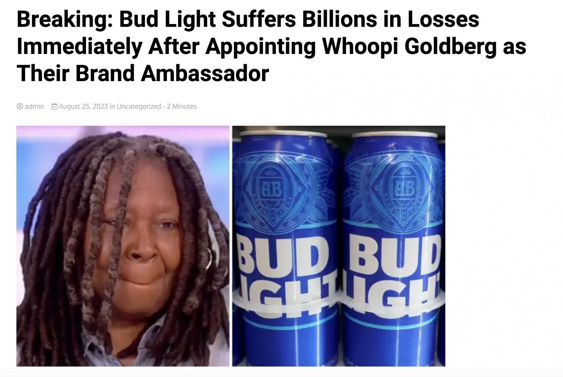 Satirical website claims Whoopi Goldberg has been appointed as Bud Light&#039;s new brand ambassador: Fake news debunked. (Image via USA NEWS)