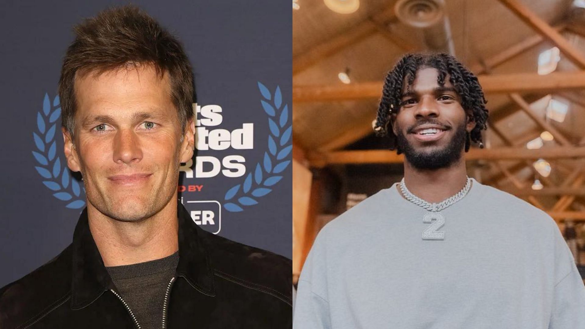 Tom Brady (L) giving Shedeur Sanders (R) advice on how to go into 