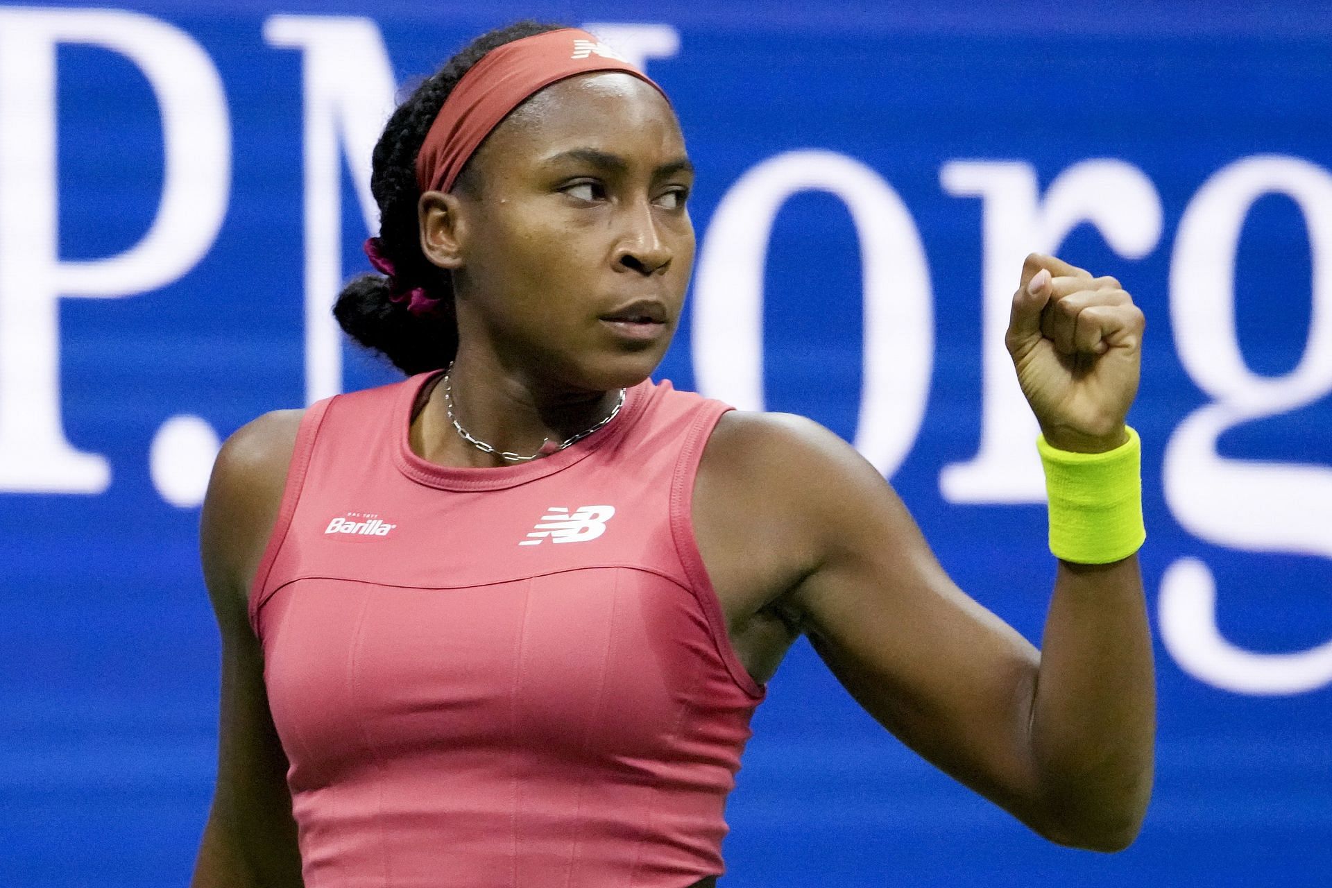 Coco Gauff celebrates a point: 2023 US Open